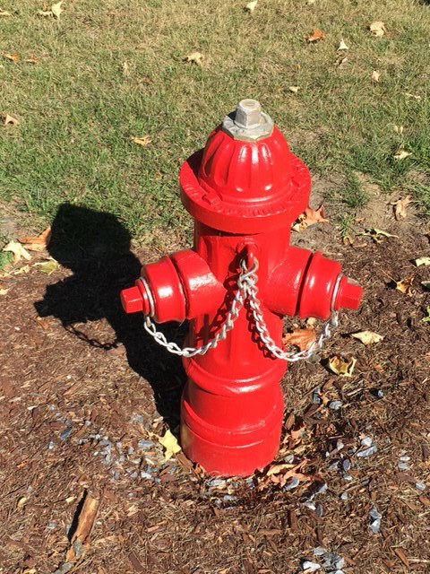red fire hydrant in grass with chains hanging off